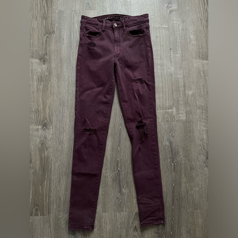 American Eagle Super Hi-Rise Jeggings Distressed Purple Women’s 6 X-Long Stretch